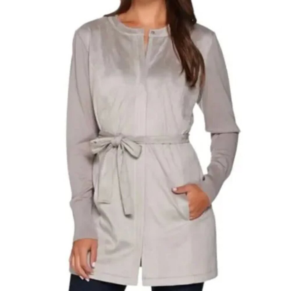 H by Halston Faux Suede Mixed Media Zip Jacket Taupe Size 14